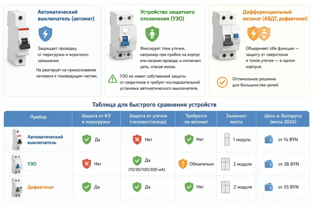 Инфографика - автоматический выключатель, дифавтомат и УЗО - зачем нужны и в чем разница
